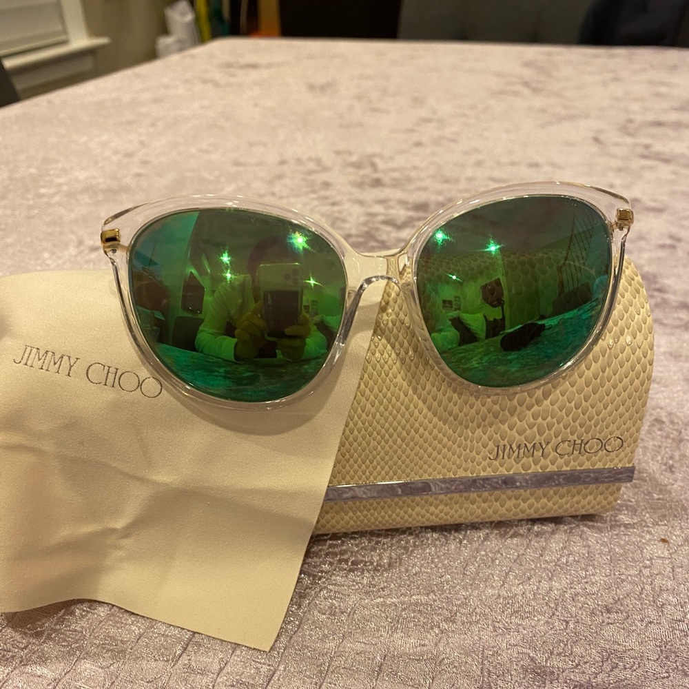 Jimmy Choo Clear Frame Sunglasses with Green Mirrored Lenses